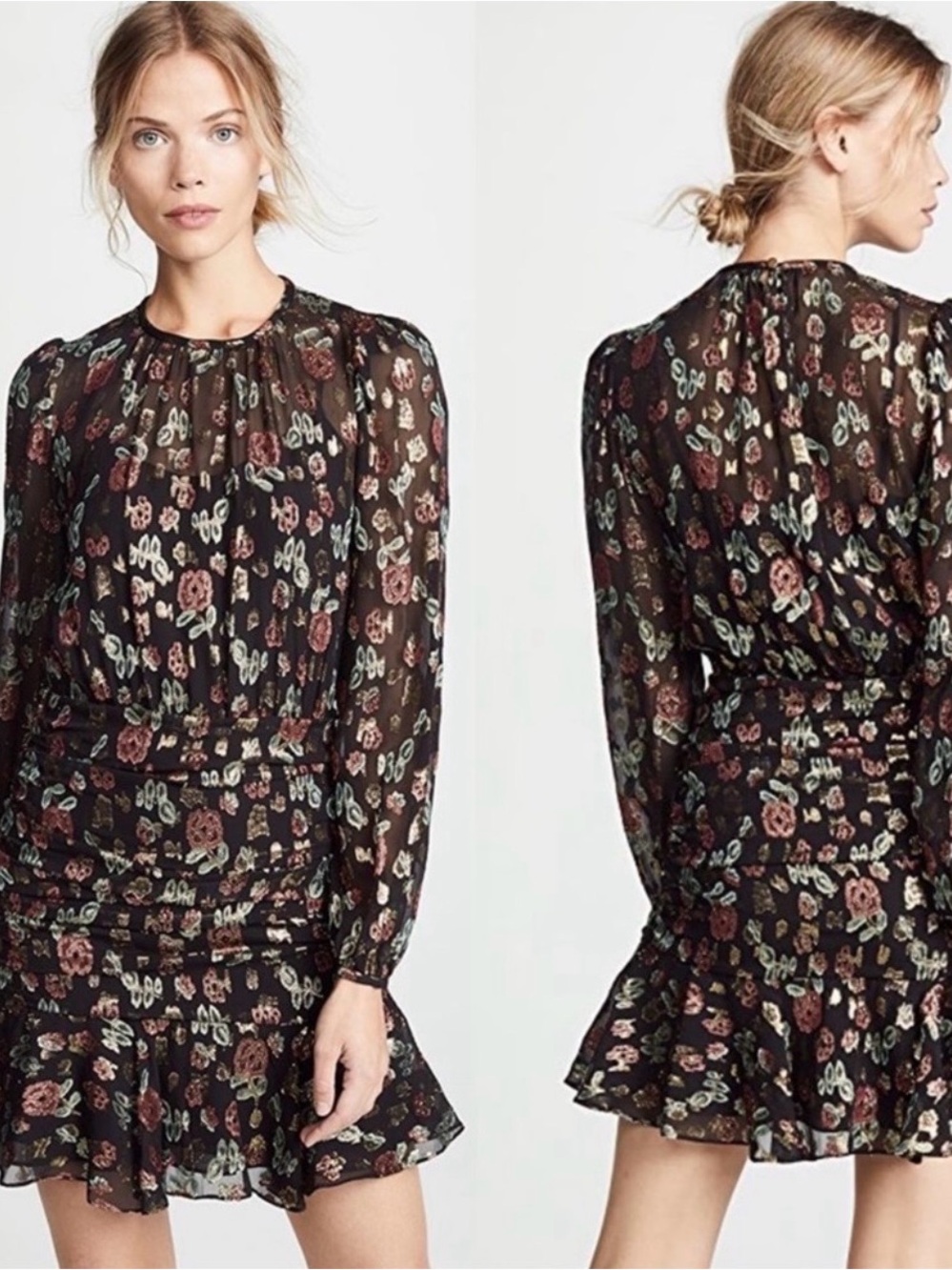 Veronica Beard Robin silk dress Floral Ruffle Hem Long-Sleeve Dress - Black gold